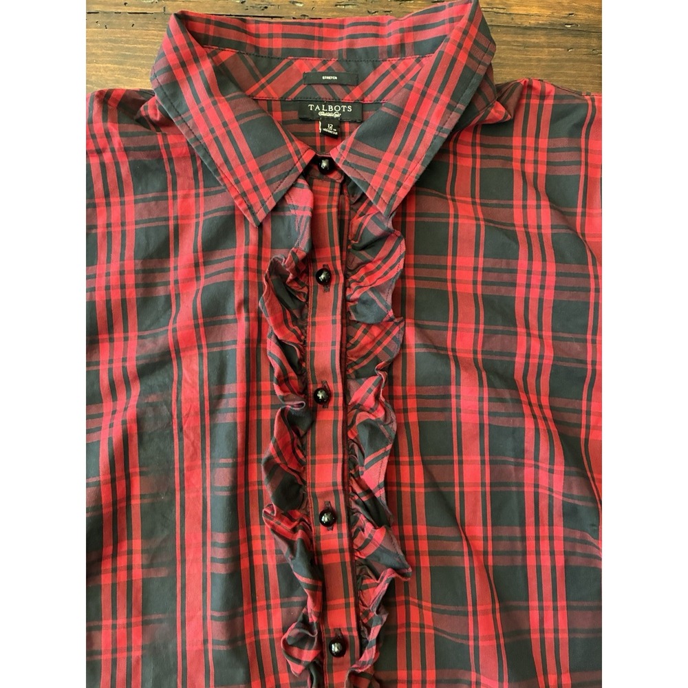 Talbots Ruffled Buffalo Plaid Blouse Women's Size 12 Holiday Classic Red Black - Picture 2 of 3